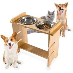 Qucey Pet Raised Bowls for Dogs and Cats, Bamboo Elevated Dog Feeder Stand 3 Heights Adjustable with 2 Stainless Steel Food Bowl
