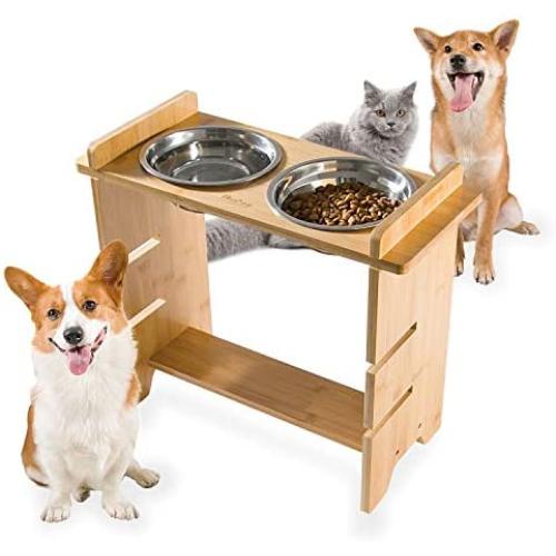 Qucey Pet Raised Bowls for Dogs and Cats, Bamboo Elevated Dog Feeder Stand 3 Heights Adjustable with 2 Stainless Steel Food Bowl