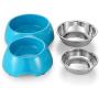 Flexzion Pet Feeder Feeding Drinking Stand Tray Station with Stable Plastic Dual Double Diner Stainless Steel Bowls Removable Dishes Food Water Holder for Dog Cat Puppies (Blue)