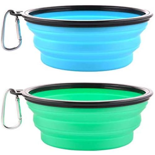 Guardians Large Collapsible Dog Bowls, 34oz Travel Water Food Bowls Portable Foldable Collapse Dishes with Carabiner Clip for Traveling, Hiking, Walking, 2 Pack (Light Blue + Light Green)