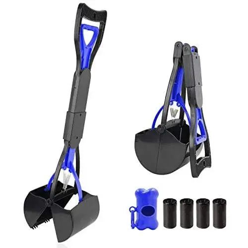 Aircover Dog Pooper Scooper, 24'' Foldable Long Handle Dog Poop Scooper for Large Medium Small Dogs, Pet Waste Pickup with 4 Poop Bags Rolls + 1 Poop Bag Dispenser, Easy to Use on Grass Gravel (Blue)