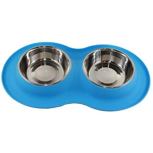 Double Stainless Steel Food or Water Bowl in Silicone Stand, for Dog or Cat, Medium (Blue)