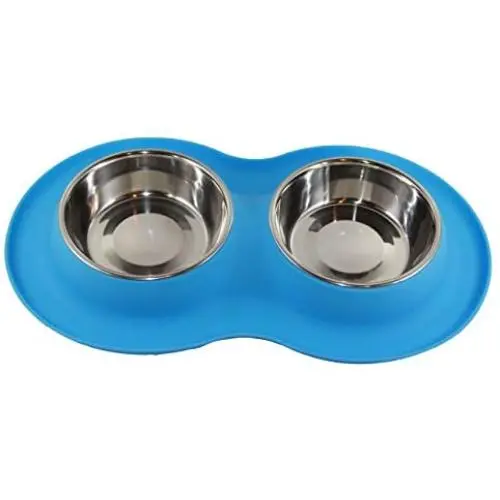 Double Stainless Steel Food or Water Bowl in Silicone Stand, for Dog or Cat, Medium (Blue) Double Stainless Steel Food or Water Bowl in Silicone Stand, for Dog or Cat, Medium (Blue)