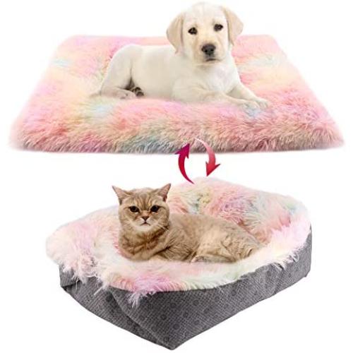 Chintu Cat Bed Pad for Indoor Cats Machine Washable Mat 2-in-1 Pet Beds for Medium Small Dogs Plush Fluffy Dog Bed Faux Fur Cat Cushion Rainbow 20x24 Inch