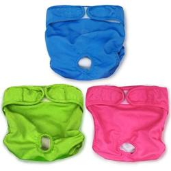 SunGrow Thick Washable Dog Diapers, Fits 9-15 Inches Waist, Red, Green and Blue Color, Reusable, Soft Fabric Dry Easily, Elastic Waist, Easy to Use Touch Fastener, 3 Pieces