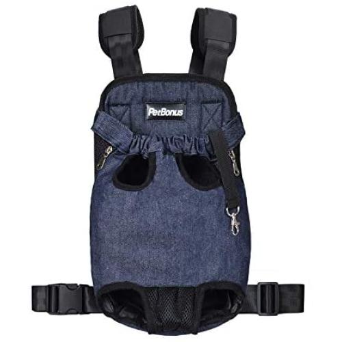 PetBonus Denim Front Kangaroo Pouch Dog Carrier, Wide Straps with Shoulder Pads, Adjustable and Legs Out Pet Backpack Carrier, for Walking, Travel, Hiking, Camping