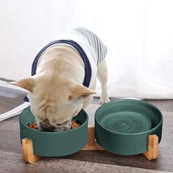 Ceramics Dog and Cat Bowl with Wood Stand Non-Slipped Bottom Food Water Feeder for Cats &Small Dogs