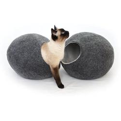 Kivikis Cat Bed, House, Cave, Nap Cocoon, Igloo, 100% Handmade from Sheep Wool (XL 17-26 pounds cat, Dark Gray)
