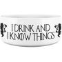Awesome eMERCHency I Drink and I Know Things Lannister White Dog Bowl 7'' x 3'' Ceramic Dog Bowl/Plate Funny Pet Gift Inspired by Game of Thrones