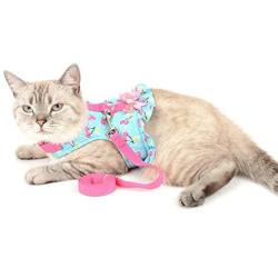 SMALLLEE_LUCKY_STORE Bow Flower Print Cat and Small Dog Harness Dress with Leash for Girls Adjustable No Pull Escape Proof Soft Walking Jacket Waterproof Puppies Kitten Harness Vest Outdoor