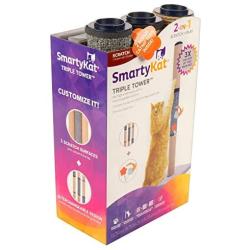 SmartyKat, Triple Tower, Cat Scratching Post, Vertical Combination Scratcher, with Burlap, Carpet and Jute, Includes 2 Bonus Catnip Cat Toys