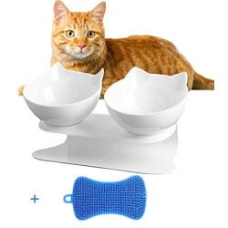 Double Cat Bowl with Raised Stand, 15°Tilted Anti-Slip Cat Food and Water Pet Feeding Bowls, Protect Pets Cervical Vertebra, Detachable Pet Bowl for Cats and Small Dogs with a Dish Washing Brush