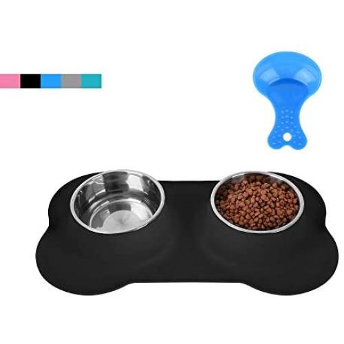 Hubulk Pet Dog Bowls 2 Stainless Steel Dog Bowl with No Spill Non-Skid Silicone Mat + Pet Food Scoop Water and Food Feeder Bowls for Feeding Small Medium Large Dogs Cats Puppies (M, Black)