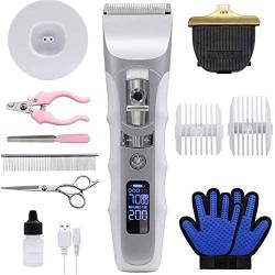 JAKEMY Dog Clippers Low Noise Pet Clippers Rechargeable Dog Trimmer Cordless Pet Grooming Tool Comb Guides Scissors Nail Kits with LED Screen Pet Glooming Glove for Dogs Cats & Others