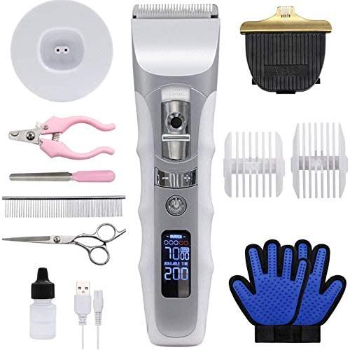 JAKEMY Dog Clippers Low Noise Pet Clippers Rechargeable Dog Trimmer Cordless Pet Grooming Tool Comb Guides Scissors Nail Kits with LED Screen Pet Glooming Glove for Dogs Cats & Others