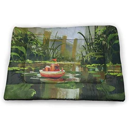 DayDayFun Fantasy Cute Pattern Pet Mat Sorcerer Woman with Red Dress Standing on Water with Lanterns on Air Fantasy Art Pet Mats for Food and Water Navy Blue