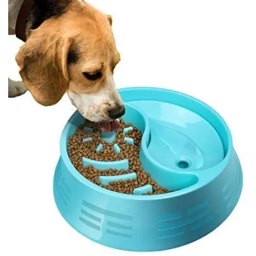 Slow Feeder Eating Dog Bowls Fun Feeder Non Slip Pet Bowl, Dog Food and Water Plastic Double Bowls for Small Medium Large Dogs Blue