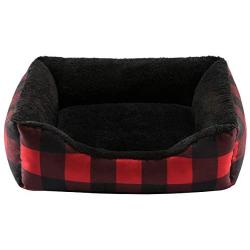 Hollypet Printed Flannel Rectangle Plush Dog Cat Bed Self-Warming Pet Bed, Red Checked