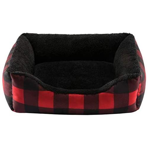 Hollypet Printed Flannel Rectangle Plush Dog Cat Bed Self-Warming Pet Bed, Red Checked