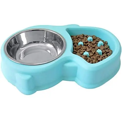 Slow Feed Anti-Choke Pet Bowl Feeder with Stainless Steel Metal Dog Water Bowl - Prevents Pets Eating Quickly Avoids Bloat - Squirrel Pattern (Green, Pink, Blue)