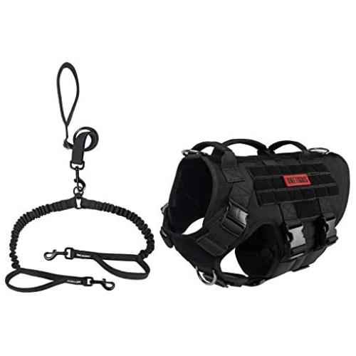 Large Tactical Dog Harness Sets, No Pulling Adjustable Dog Vest Harness, Heavy Duty Dog Harness with 3 Handles(Black)