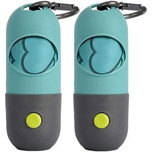 2 PACK Dog Poop Bags Dispenser with LED Flashlight Pet Waste Bags Holder with 9 LR44 Button Cells Diaper Garbage Bags Carrier with Metal Carabiner and Hook&Loop Fastener