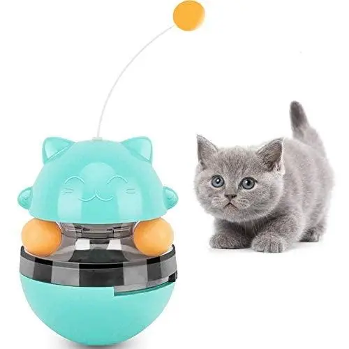 Cat Toys for Indoor Cats Interactive Ball Tumbler Treats Toy Slow Feeder Food Dispensing Leaking Dispenser with Dual Rolling Balls and Detachable Teaser Wand for Kittens Kitty Pet Exercise