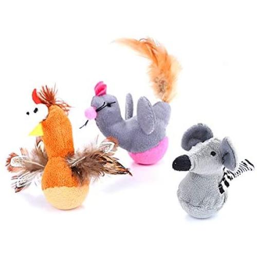 Asien 3 Pcs Plush Tumbler Cat Toy Pet Interactive Chewing Toy Mouse Chick Shape Feather Teaser Kitten Tumbler Toy Gifts for Cats