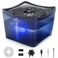 iPettie Kamino Pet Water Fountain, 101oz/3L, Ultra-Quiet Automatic Cat Water Dispenser with LED Light & Water Level Window, Auto Power Off USB Pump & Dual Filters for Cats and Dogs | Translucent Blue