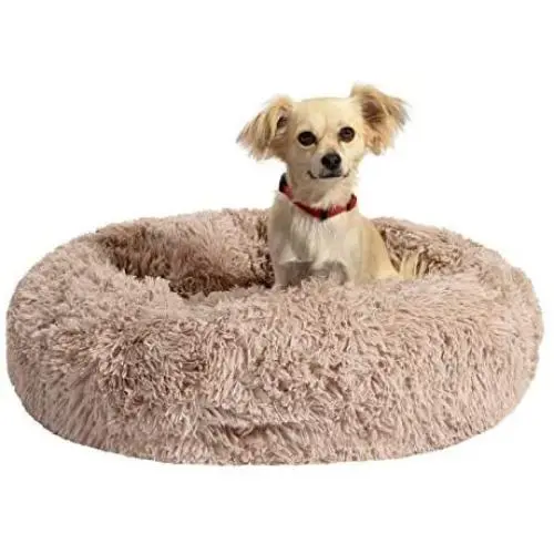 Houseables Comfort & Anti-Anxiety Dog Bed, Beds for Dogs, 30” x 30” x 5”, Beige, Round, Cuddler, Plush Donut Pillow, Cats, Puppy, Snuggle, Slumber Ball, Doggy Nest, Burrow, Washable, Self-Warming