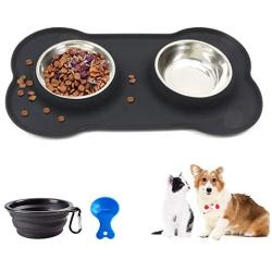 Double Dog Bowl, Stainless Steel Food and Water Bowl Food Scoop Pet Feeding Dish with Non Spill Silicone Mat for Puppy Dog Cat