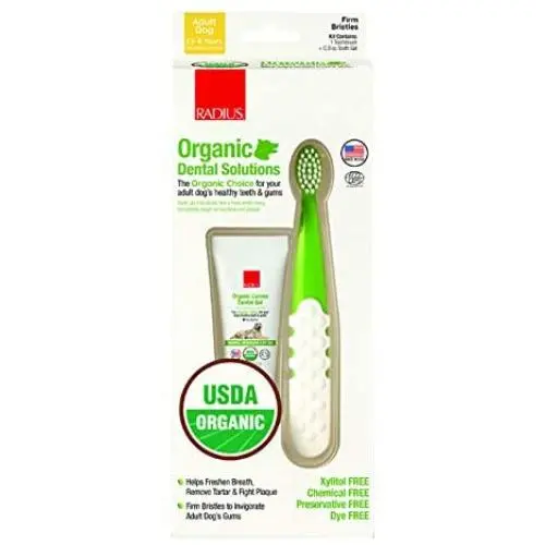 RADIUS USDA Organic Dental Solutions Adult Kit Toothbrush & Toothpaste | Firm Bristle & Non Toxic Toothpaste for Dogs | Designed to Clean Teeth and Help Prevent Tartar and Remove Plaque | Xylitol Free RADIUS USDA Organic Dental Solutions Adult Kit Toothbrush & Toothpaste | Firm Bristle & Non Toxic Toothpaste for Dogs | Designed to Clean Teeth and Help Prevent Tartar and Remove Plaque | Xylitol Free