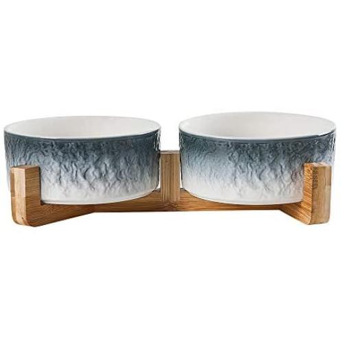 LIONWEI LIONWELI Ceramic Cat Dog Bowl Dish with Wood Stand No Spill Pet Food Water Feeder for Big Cats and Small/Medium Dogs