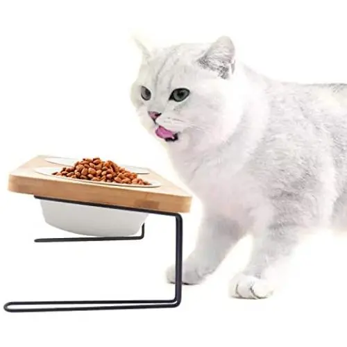 FUKUMARU Elevated Cat Ceramic Bowls, Small Dog 15° Tilted Raised Food Feeding Dishes, Solid Bamboo Water Stand Feeder Set for Cats and Puppy FUKUMARU Elevated Cat Ceramic Bowls, Small Dog 15° Tilted Raised Food Feeding Dishes, Solid Bamboo Water Stand Feeder Set for Cats and Puppy