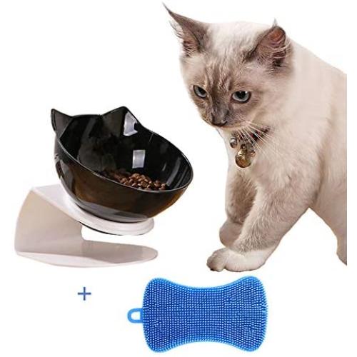 Cat Bowl with Raised Stand, 15°Tilted Anti-Slip Cat Food and Water Pet Feeding Bowls, Protect Pets Cervical Vertebra, Detachable Pet Bowl for Cats and Small Dogs with a Dish Washing Brush