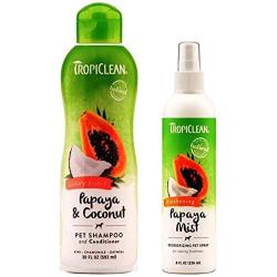 TropiClean Pet Grooming Bundle, 1 Each: Papaya & Coconut Luxury 2-in-1 Shampoo and Conditioner, and Freshening Papaya Mist Deoderizing Spray