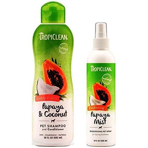 TropiClean Pet Grooming Bundle, 1 Each: Papaya & Coconut Luxury 2-in-1 Shampoo and Conditioner, and Freshening Papaya Mist Deoderizing Spray