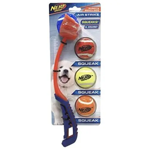 Nerf Dog 5-Piece Dog Toy Gift Set, Includes 13in Air Strike Launcher and 2in Squeak Tennis Ball 4-Pack, Nerf Tough Material, Multicolored Nerf Dog 5-Piece Dog Toy Gift Set, Includes 13in Air Strike Launcher and 2in Squeak Tennis Ball 4-Pack, Nerf Tough Material, Multicolored