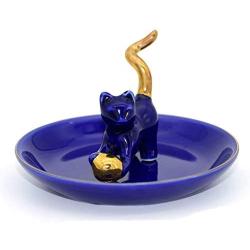 3 Individuals Ring Holder for Jewelry Ceramic Cat Table Decor Stand ( Royal Blue Kitty + White Cat Bowl + Boutique Blue Cat)