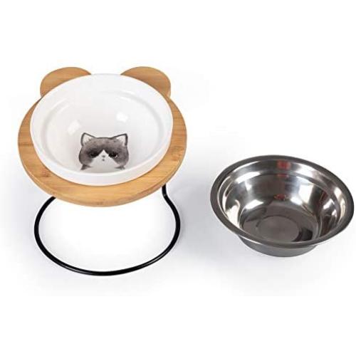 Jemirry Ceramic Titl Angle Elevated Raised Pet Bowl with Wood Stand for Cats and Puppy, Cat Food Water Basic Bowl