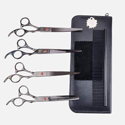 Dog Grooming Scissors Set- Stainless Steel Pet Grooming Kit 7 Inch Thinning Straight Curved Shears with Grooming Comb Perfect for Pet Groomer or Family DIY Use for dog cat and more pets