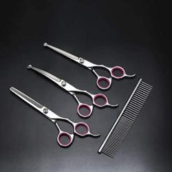 Dog Grooming Scissors Kit with Safety Round Tip, Heavy Duty Titanium Coated Pet Grooming Trimmer Kit - Thinning, Straight, Curved Shears Comb for Long Short Hair for Cat Pet (（3+1）PC)