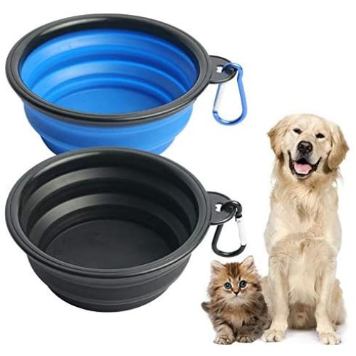 2 Pack Collapsible Dog Bowls for Travel; Silicone Food / Water Bowls for Dog, Cat; Portable, Foldable, Expandable Pet Feeding Watering Dish for Travel, Indoors and Outdoors with 2 Carabiners