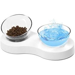 ELSPET Raised Cat Dog Bowl/Cat Dish/Elevated Cat Food Water Bowl, 0°/20° Tilted Transparent Raised Pet Feeding Bowl with Anti-Slip Base for Cat and Small Dog