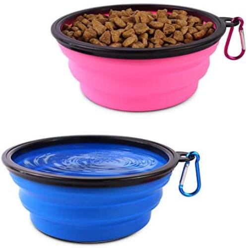 HaoDeng Collapsible Dog Bowl, 2 Pack (Pink+Blue) Collapsible Dog Water Bowls for Cats Dogs, Portable Pet Feeding Watering Dish for Walking Parking Traveling with 2 Metal Carabiners