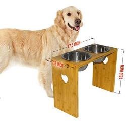 MMM YUMMY Raised dog bowls - Elevated Pet Feeder for Medium and Big Dogs - Made of Eco-Friendly Bamboo with 2 Removable Stainless Steel Food Bowls