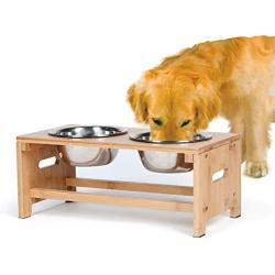 PETUPPY Bamboo Elevated Pet Feeder(7'' Tall),Raised Dog Bowls,Elevated Dog Feeder with 2 Stainless Steel Bowls for Food and Water,for Medium/Large Dogs.