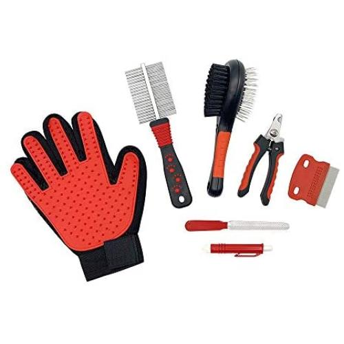 AkeedLimited All Essential Dog/Cat Grooming Tools. Nail Clippers, Hair Remover Brush for Deshedding, Comb, Glove. The Complete Pet Cleaning Supplies, [7 in 1 Grooming Set]