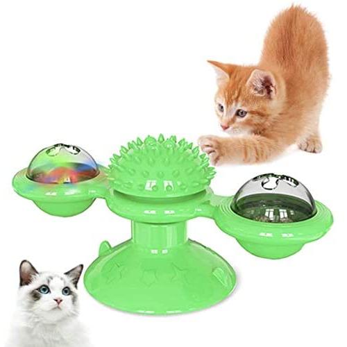 WWYM Pet Windmill Toys - Scratching Tickle Cats Hair Brush, Interactive Turntable Cat Toy with Suction Cup, Clean Tooth Accessories,Green