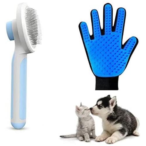 KuraMart Self Cleaning Slicker Brush & Pet Massage Grooming Glove for Dogs and Cats,Gently Pet Massage Grooming Tool Hair Remover Brush for Shedding,Efficient Deshedding Brush Glove Mitt